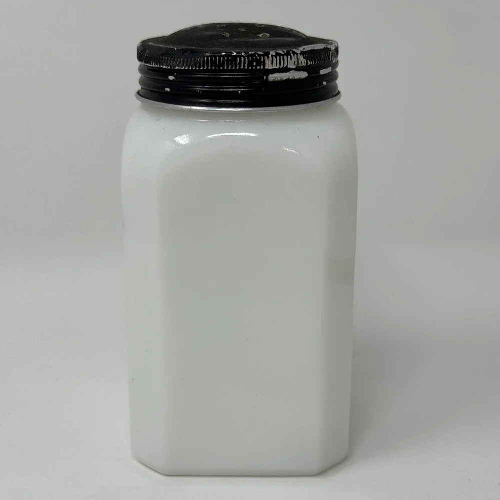 Vintage Hazel Atlas Milk Glass Flour Shaker Black Art Deco Label Metal Lid
